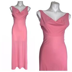 VTG 70s John Kloss Cira Pink Draped Cowl Neck Maxi Dress Coquette Minimalist S